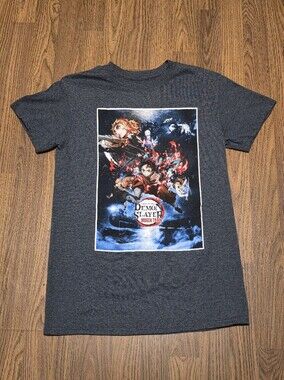 Demon Slayer Mugen Train Movie Poster Graphic T-Shirt Grey Mens Small Anime Tee